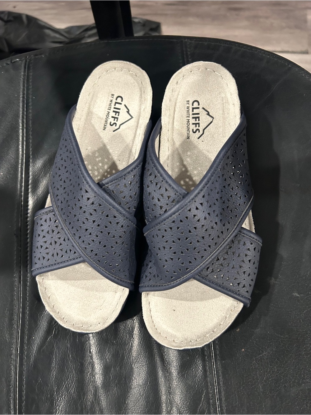 Cliffs by WHITE MOUNTAIN Navy Laser-Cut Cross Strap Slide Sandals